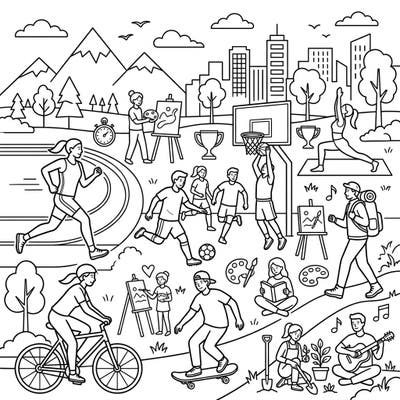 Explore a vibrant scene celebrating an active lifestyle and diverse creative hobbies with this engaging coloring page. From sports to art, find your favorite pastimes and bring them to life with your unique color palette.