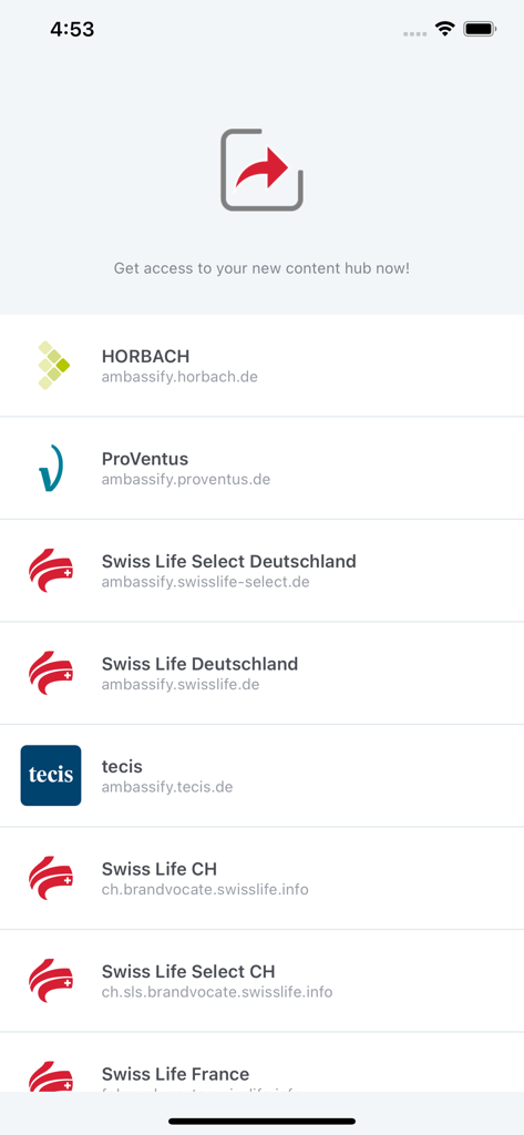 Brandvocate app interface displaying a list of available company content hubs for selection