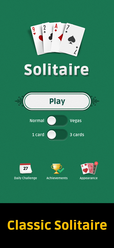 Solitaire ▪ - Main menu screen of the classic solitaire app with play button and game mode options