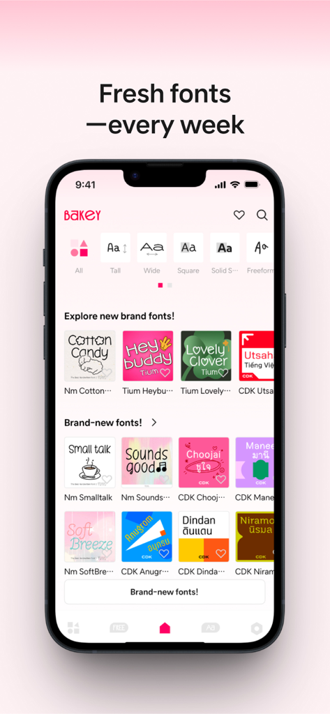 Bakey: fonts market - Affichage de smartphone de l'application Bakey présentant une variété de polices et de styles créatifs