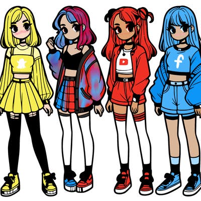 one girl with crop-top shirt and a jacket with a skirt, long socks and another girl with a shirt and pants with a jacket