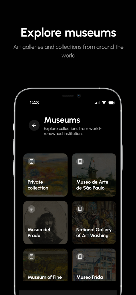 LearnArt - Art app - Una pantalla de la aplicación LearnArt que muestra una cuadrícula de diferentes colecciones de museos de renombre mundial como el Prado y el Museo de Arte de São Paulo