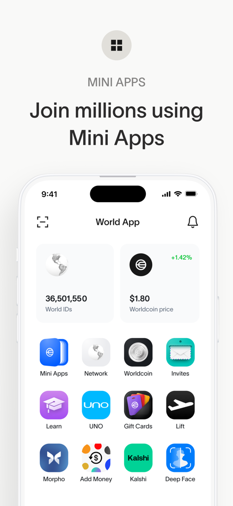 World App-Oberfläche, die das Mini-Apps-Ökosystem anzeigt, einschließlich Tools für Finanzen, Spiele und Identität