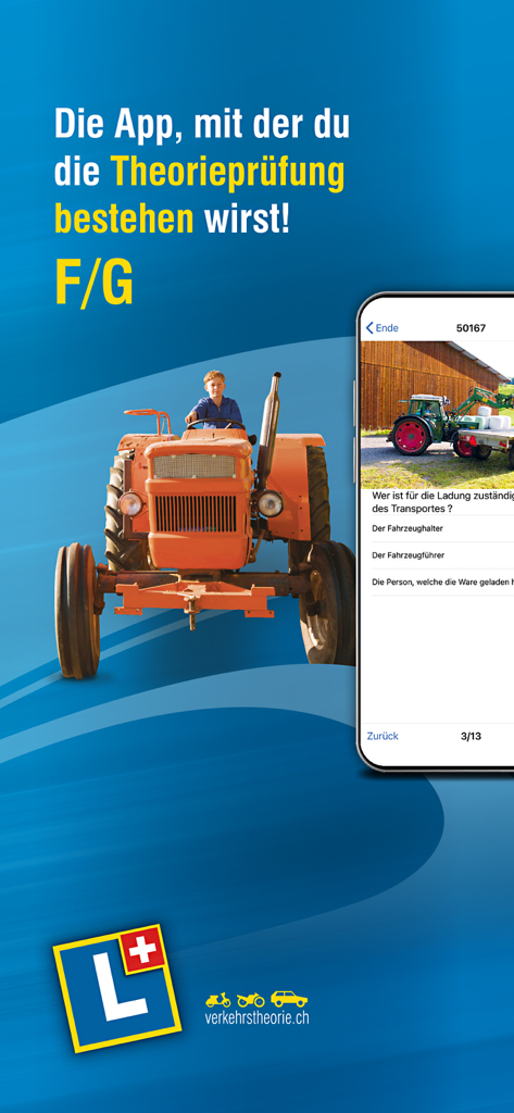 vTheorie Traktor - vTheorie Traktor app interface showing tractor theory exam questions for Category F and G licenses.