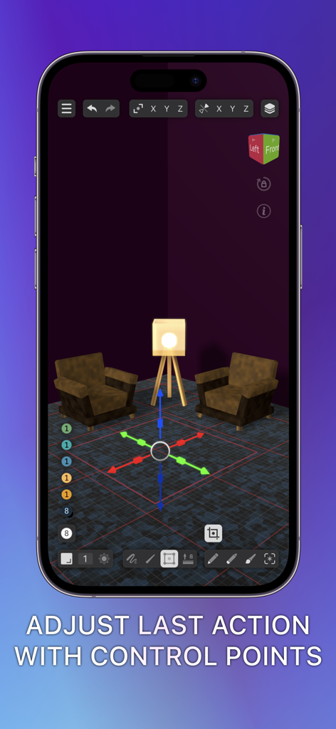 Voxel Max-Benutzeroberfläche, die eine 3D-Szene mit Stühlen und einer Lampe zeigt, die mit Steuerpunkten angepasst wird.