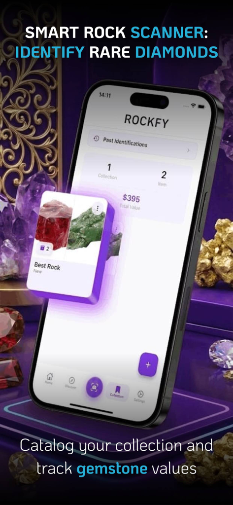Interfaz de la aplicación Rockfy mostrando una colección digital de rocas con valores de mercado estimados y identificación de gemas.