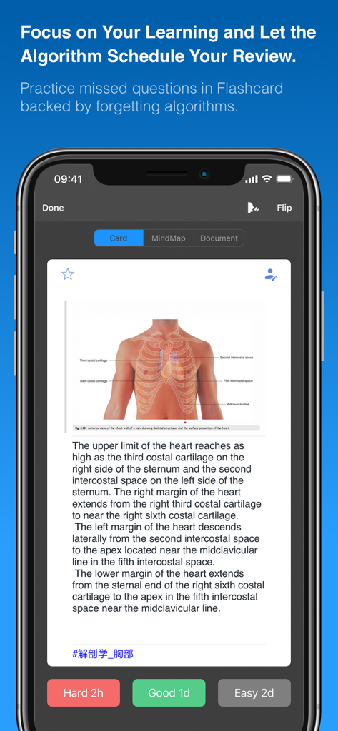 Flashcard interface in MarginNote 3 showing a medical diagram and spaced repetition buttons