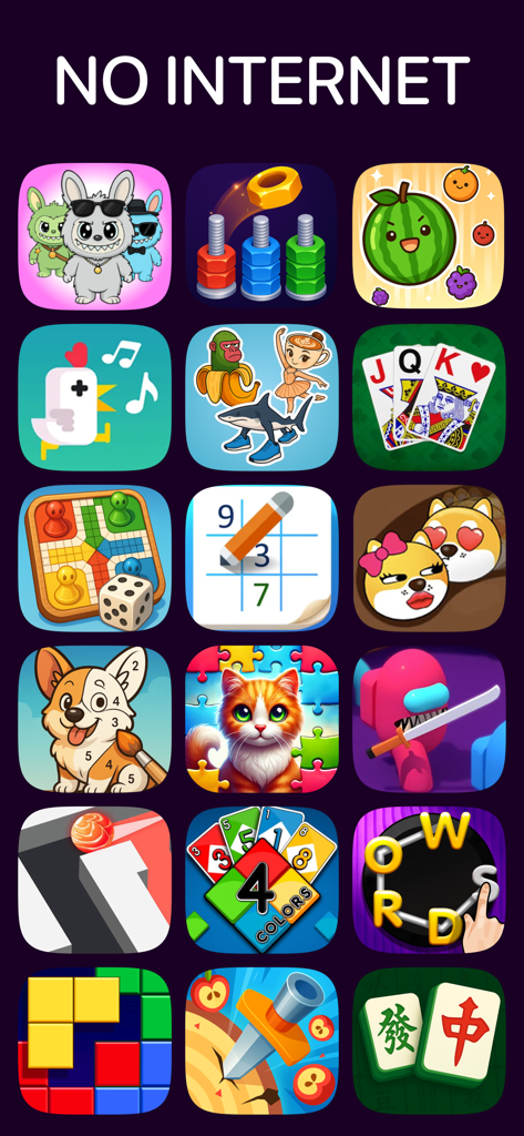 Cuadrícula de coloridos iconos de juegos para la aplicación Juegos sin conexión que muestra varios puzzles y juegos de mesa.