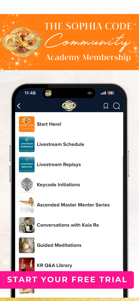 The Sophia Code - The Sophia Code app interface showing community membership content including livestreams and meditations