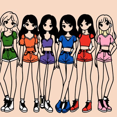 a group of girls wearing crop tops and shorts