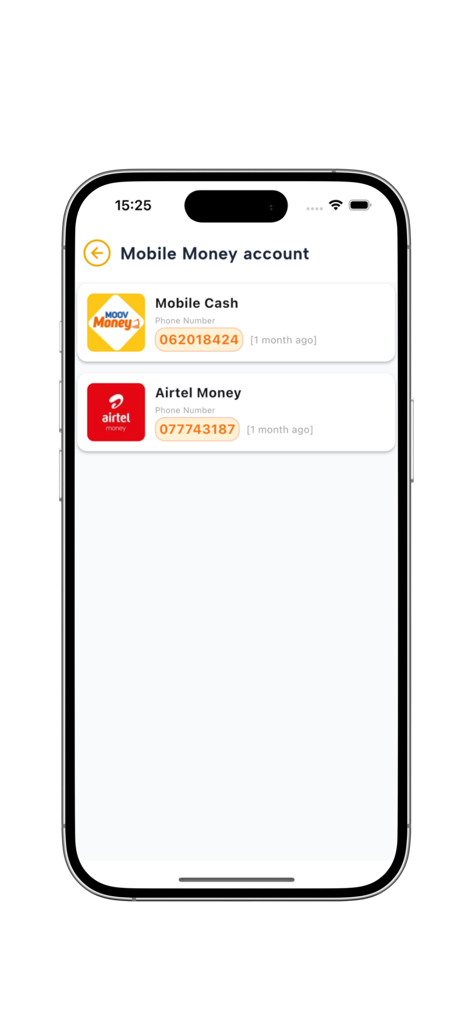 EDG MOBILE-BANK - EDG MOBILE-BANK app screen displaying linked Moov and Airtel mobile money accounts