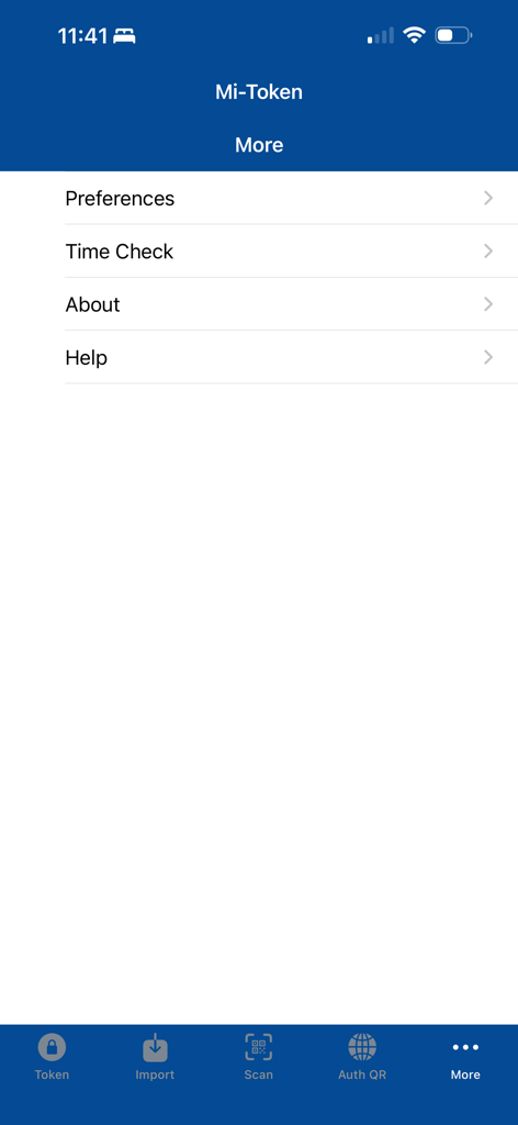 The more options menu screen of the Mi-Token Authenticator app including preferences and help.