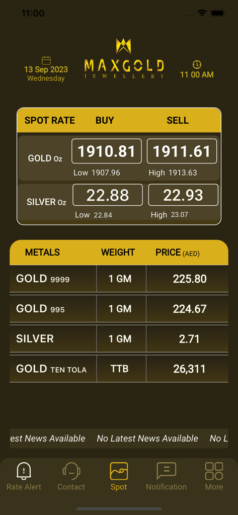 MAX GOLD - MAX GOLD app dashboard showing real-time gold and silver spot rates and buy-sell prices.