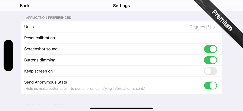 Protractor Smart - La interfaz de configuración de la aplicación Protractor Smart mostrando preferencias de la aplicación y opciones de unidades de medida.
