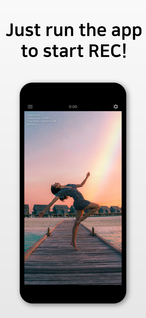 BlackVideo (One-Touch Rec!) - 원터치 시작 지침과 함께 석양 속 댄서를 녹화하는 BlackVideo 앱 인터페이스