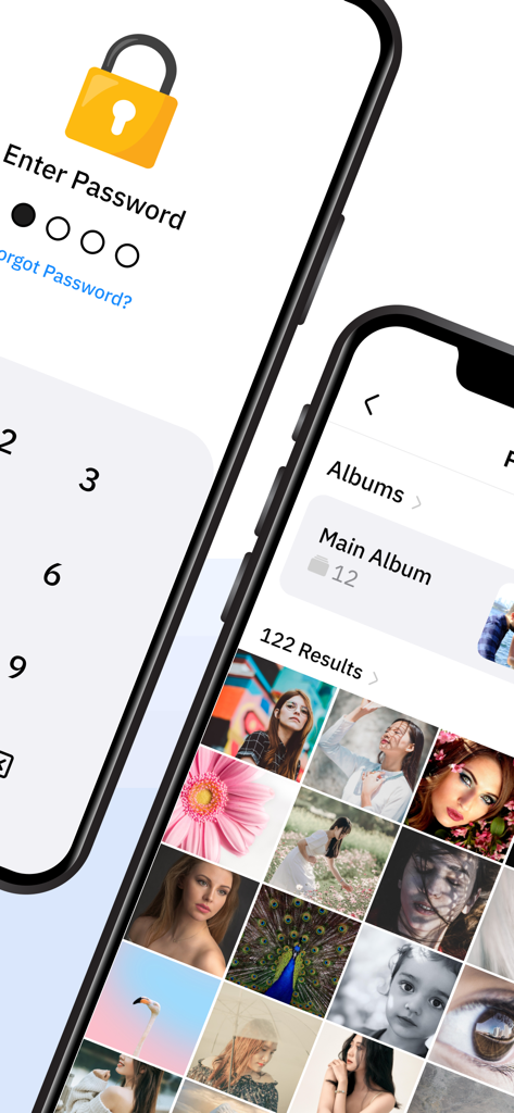 Secure Folder - Gallery Lock - Interfaz de usuario de la aplicación Secure Folder que muestra una pantalla de bloqueo con contraseña y una galería de fotos privada