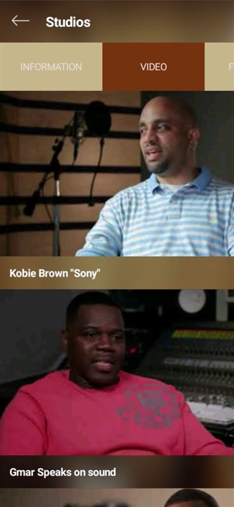 Screenshot of THE BLUEPRINT app showing exclusive video interviews with music industry professionals like Kobie Brown from Sony