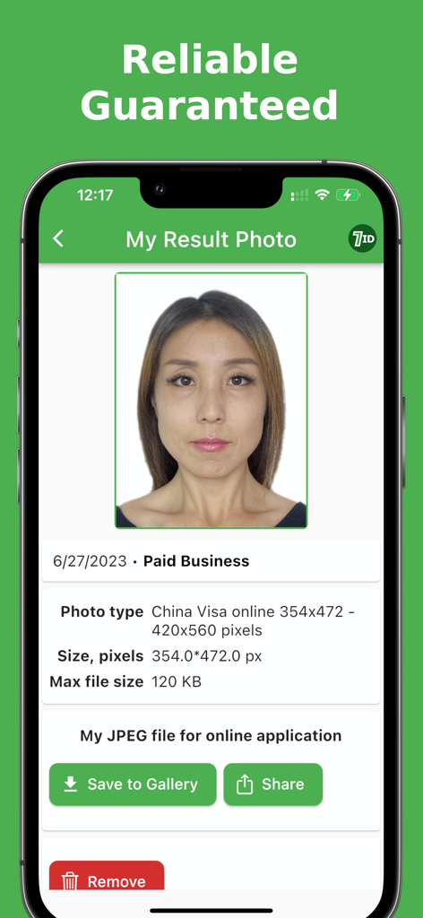 7ID: passport photos - A mobile screen showing a compliant China Visa photo with technical specifications and download options in the 7ID app