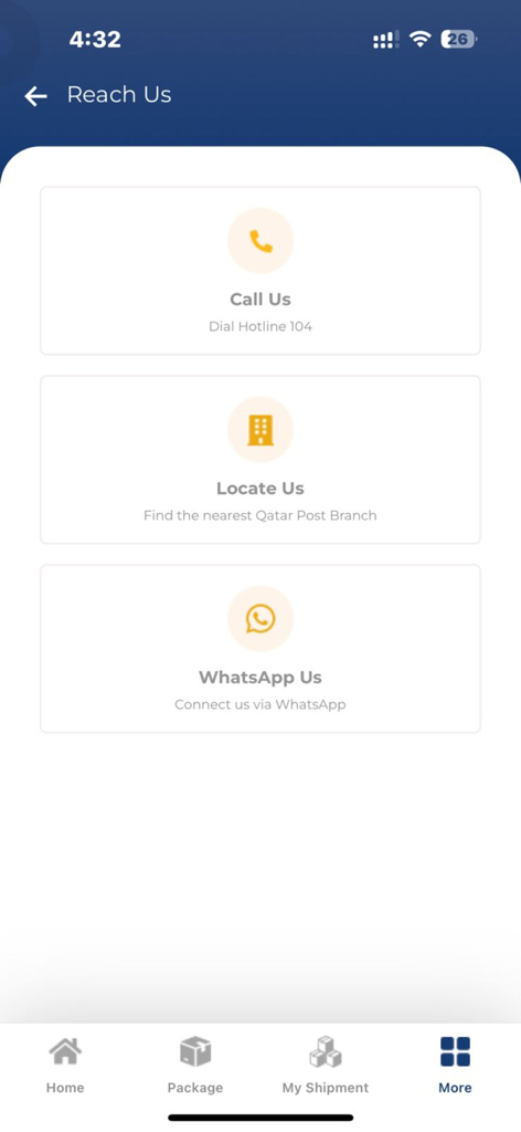 A tela Fale Conosco do aplicativo QatarPost mostrando opções de contato para chamadas, localização de agências e WhatsApp.