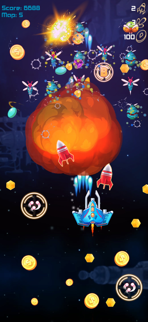 Galaxy Attack Alien Shooter II - A spaceship in Galaxy Attack Alien Shooter II fires missiles at alien enemies amidst a large orange explosion and falling gold coins.
