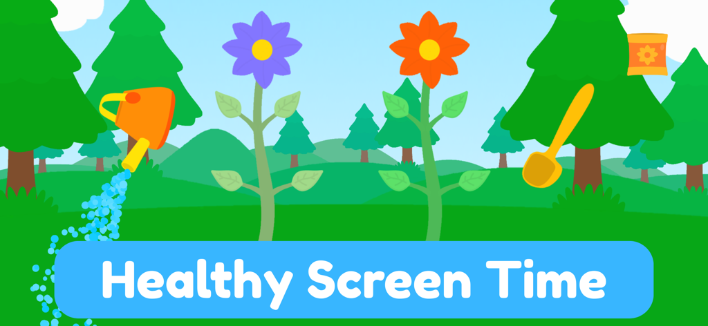Baby Abbie: Toddler Games 2+ - A colorful gardening activity from the Baby Abbie toddler app featuring a watering can flowers and the text Healthy Screen Time