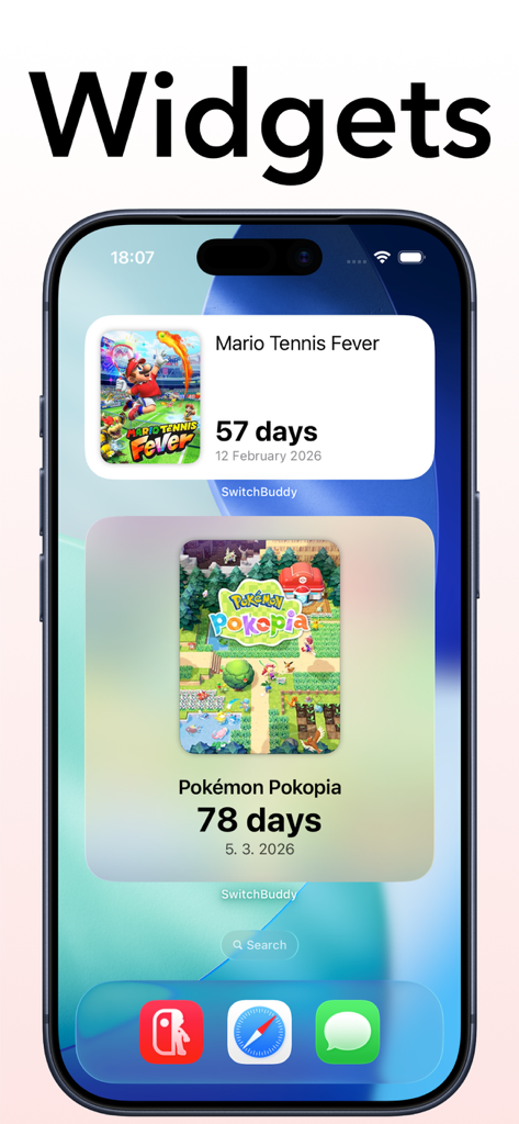 SwitchBuddy: Switch App - iPhone home screen featuring SwitchBuddy widgets with countdowns for Mario Tennis Fever and Pokemon Pokopia release dates.