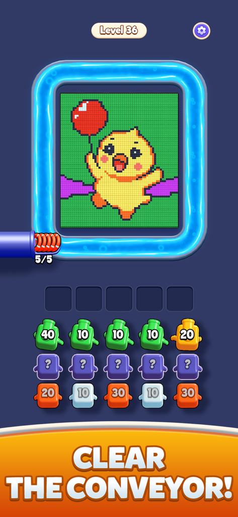 A screenshot of Color Blast Shooter game Level 36 featuring a pixel art chick and a blue conveyor belt puzzle with the text Clear the Conveyor.