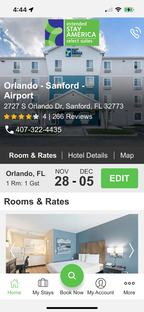 Extended Stay America - Extended Stay America app showing hotel booking details and room rates for a location in Orlando