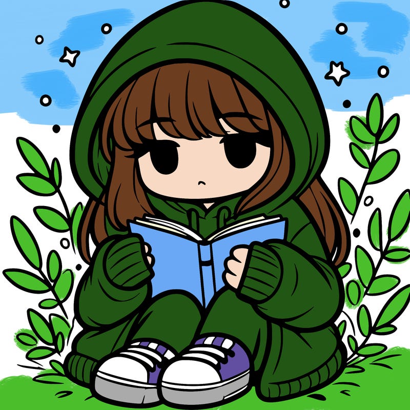 girl in oversized hoodie reading a book