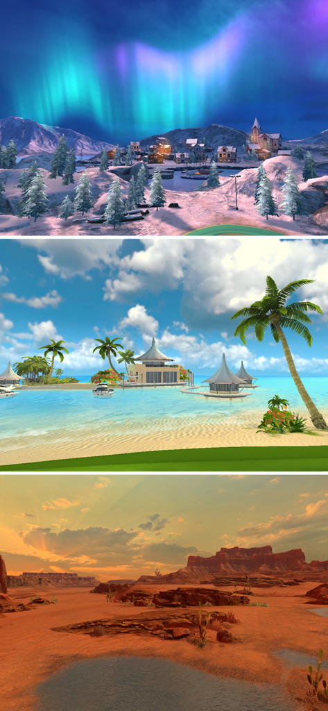 Golf Impact - Real Golf Game - Three realistic 3D golf courses featuring a snowy village under the Northern Lights, a tropical island resort, and a desert canyon at sunset.