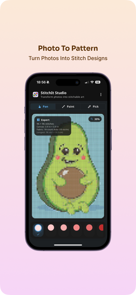 StitchIt app interface showing a cute avocado photo converted into a digital cross stitch pattern.