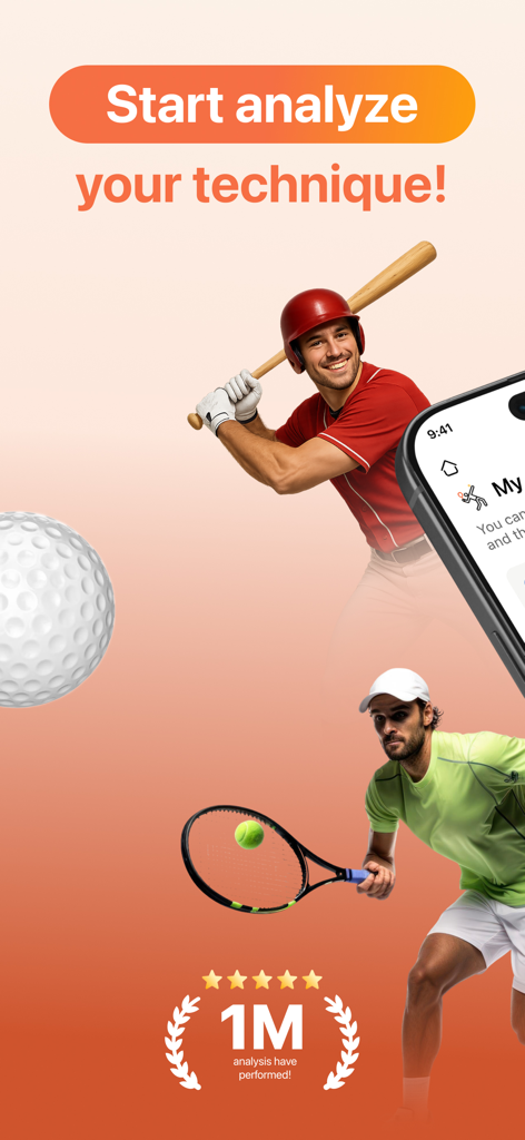 CoachIQ: AI Technic Analyzer - CoachIQ app promotional screen featuring baseball and tennis athletes with text encouraging users to start analyzing their technique