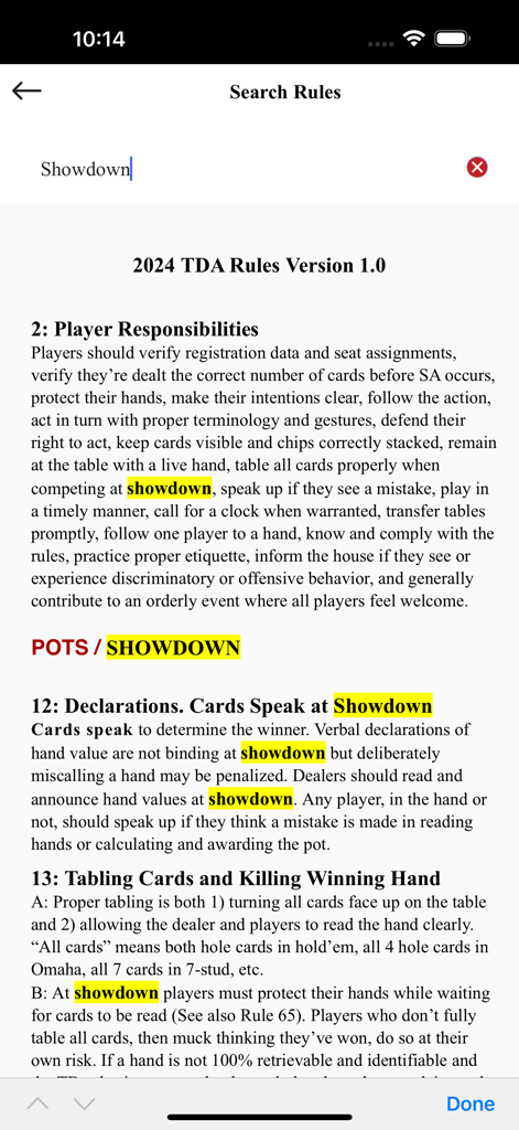 Official Poker TDA Rules - Search interface of the Official Poker TDA Rules app showing highlighted results for showdown