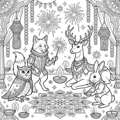 Discover a captivating coloring page where sophisticated Renaissance animals partake in the joyous Diwali festival. This intricate design features a fox, deer, owl, and rabbit adorned in period attire, surrounded by traditional diyas and sparkling fireworks, offering a rich and detailed artistic experience.