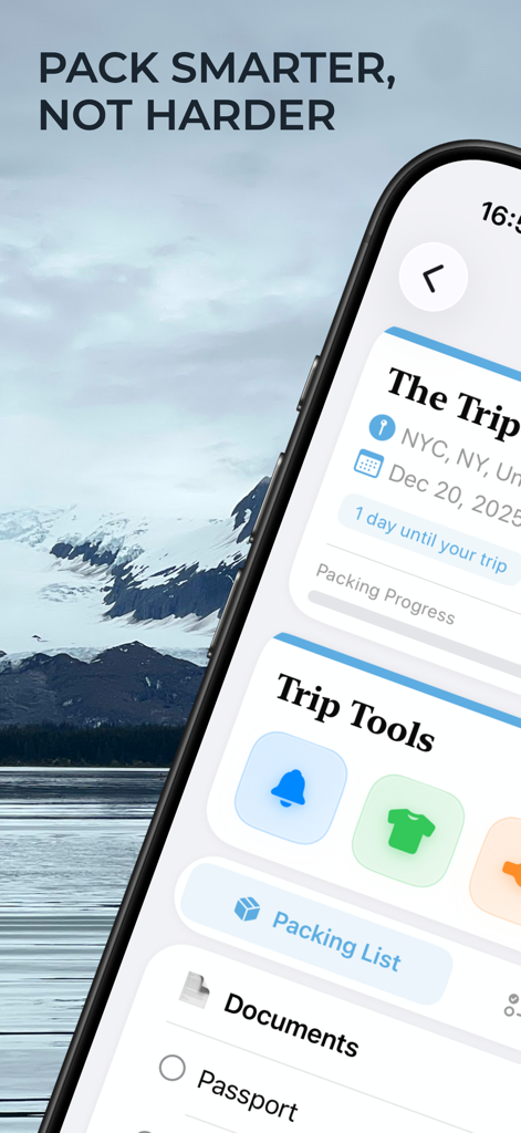 PackNinja: Travel Packing List - Smartphone screen of the PackNinja app displaying a travel packing checklist for an upcoming trip to New York City including a passport reminder.