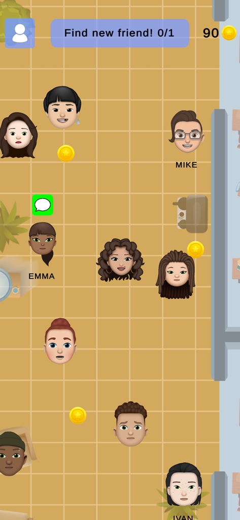 GossipMaster gameplay screen showing high school character avatars on a grid with the objective to find a new friend