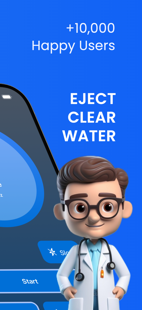 Water Remover Pro • Clean Tune - Interfaz de la aplicación Water Remover Pro mostrando un personaje de doctor y el texto 'eject clear water for speaker maintenance.'