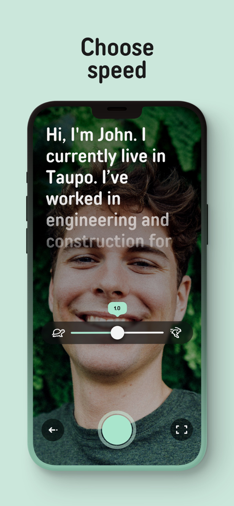 Prompted teleprompter app interface showing a text speed adjustment slider for scrolling scripts during video recording.