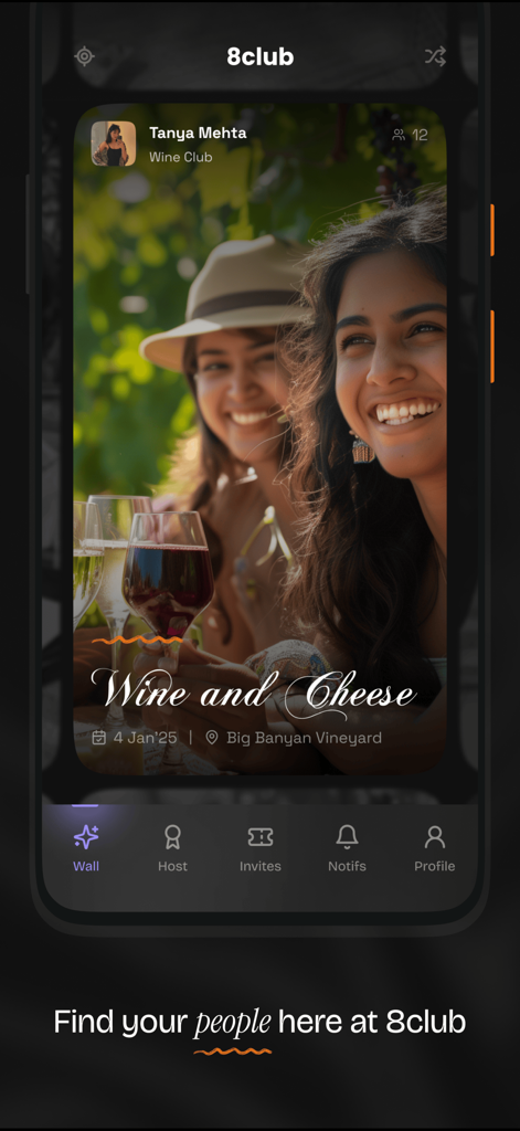 8club: Get Invited to Hotspots - A mobile screenshot of the 8club app showing a wine and cheese social event invitation with the headline find your people here.