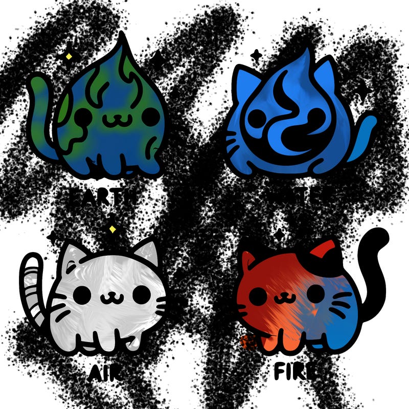 4 cats that represent the different elements, earth, water, air, and fire
