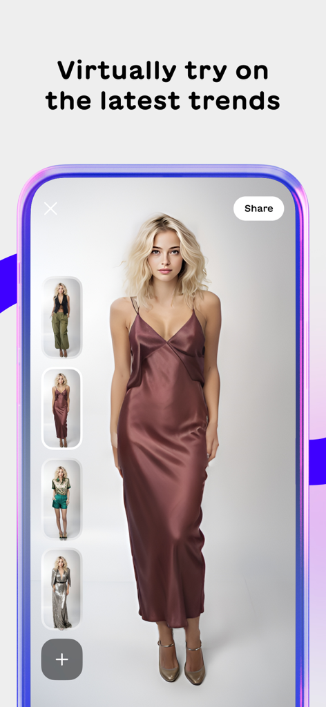 Aiuta – AI Stylist - Interfaz de la aplicación móvil Aiuta que demuestra la prueba virtual con un vestido de satén