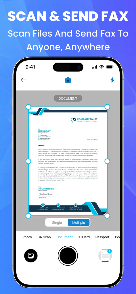 Smart Printer: iPrint App Scan - A smartphone interface showing a document being scanned to send as a fax using the Smart Printer app.
