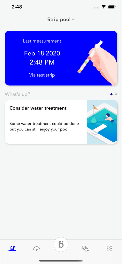Blueriiot - Blue Connect - Blueriiot App-Dashboard mit Anzeige der letzten Teststreifen-Messung des Poolwassers und Behandlungsempfehlungen.