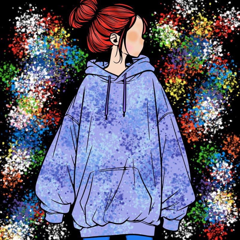 realistic girl with a oversized sweatshirt on and a bun