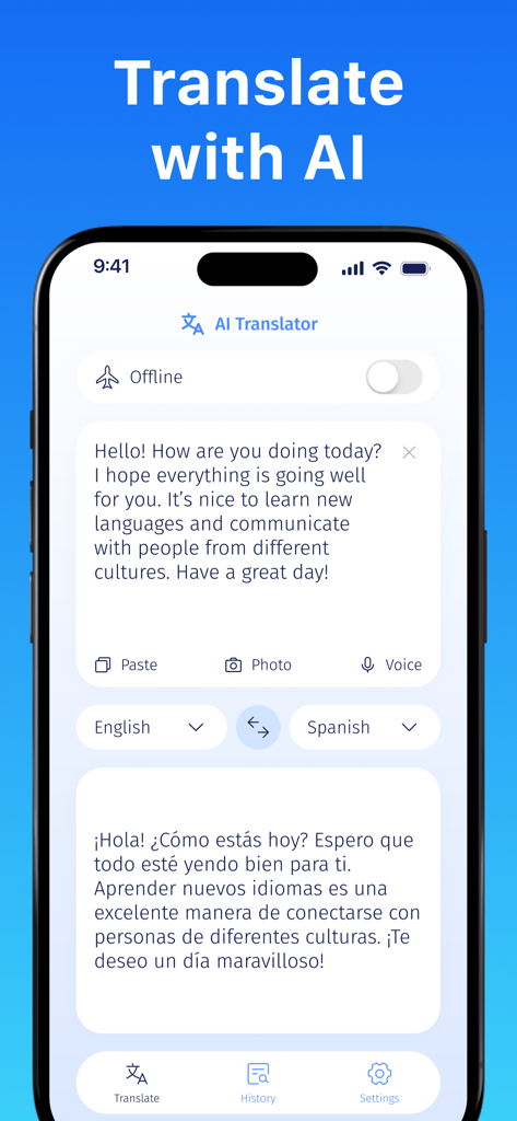 AI Translator: Camera & Voice - Pantalla de la aplicación Traductor IA mostrando traducción de texto de inglés a español