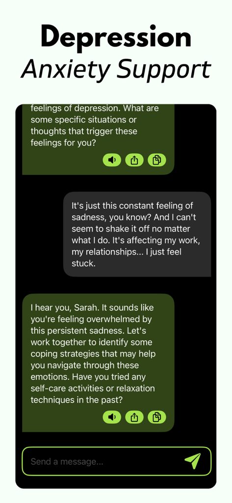 AI Therapist: Therapy Chatbot - Chat conversation in the AI Therapist app providing support for depression and anxiety.