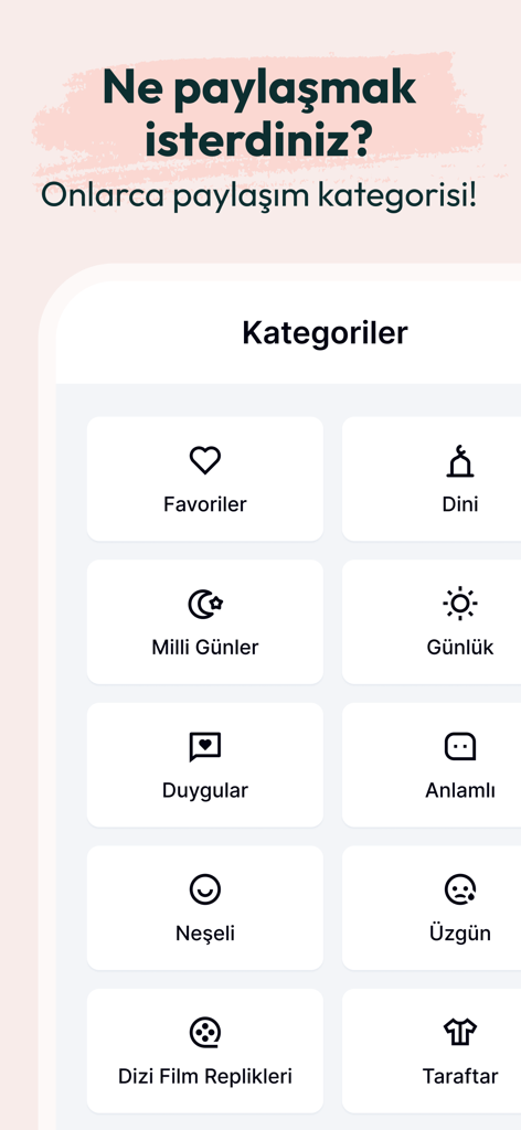 Mobile App-Oberfläche mit türkischen Zitatekategorien wie religiöse Feiertage und tägliche Nachrichten.