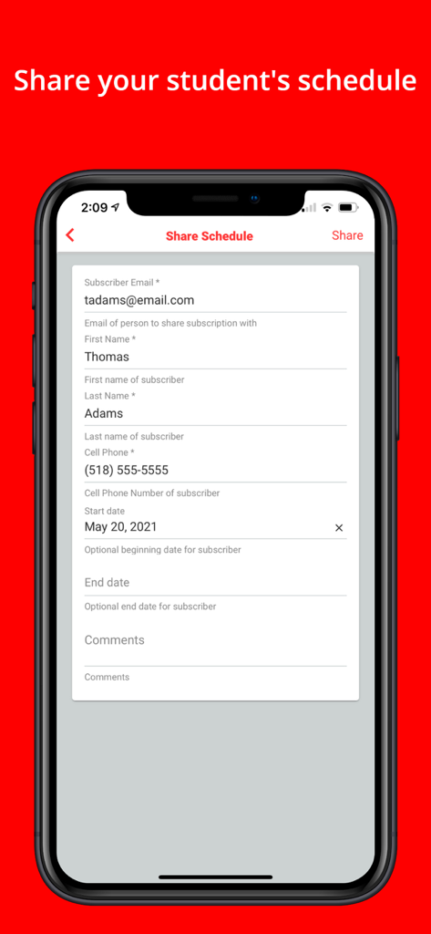 A mobile screen of the Stopfinder app showing the share schedule form to add a subscriber for student bus tracking.