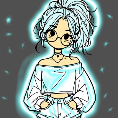 girl with a messy ponytail glasses a baggy crop top and jean shorts