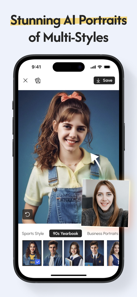 Genie - Phone Storage Cleaner - GenieアプリのAIポートレートジェネレーター機能が表示されたスマートフォン画面。90年代のイヤーブック風の写真があります。